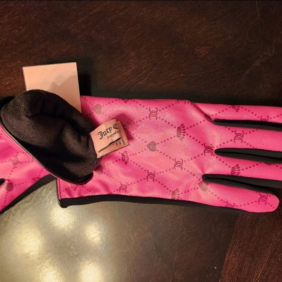 SOLD! Juicy Couture pink and black faux leather gloves rare find unique hand ac - Picture 3 of 8